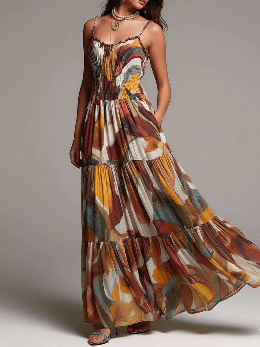 Boho Abstract Multicolor Smocked Bodice Maxi Dress