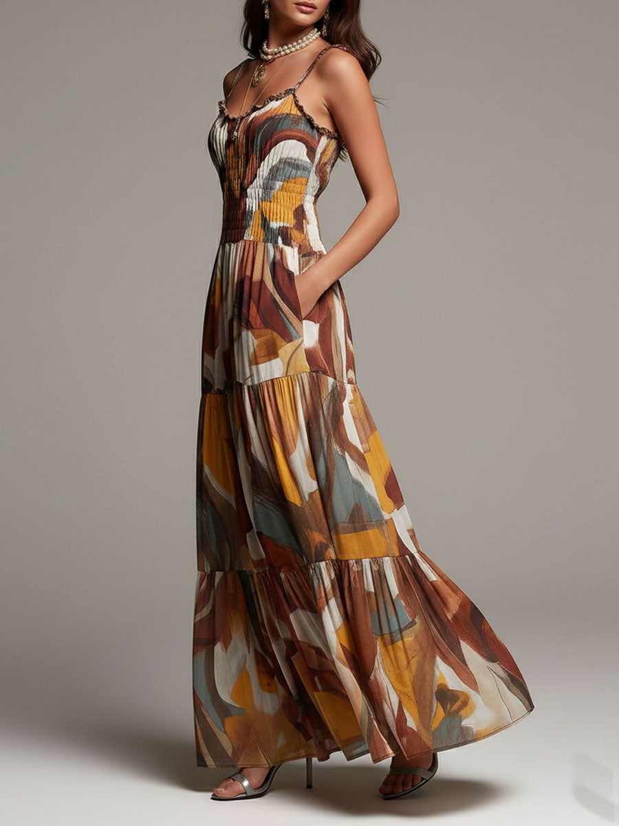 Boho Abstract Multicolor Smocked Bodice Maxi Dress