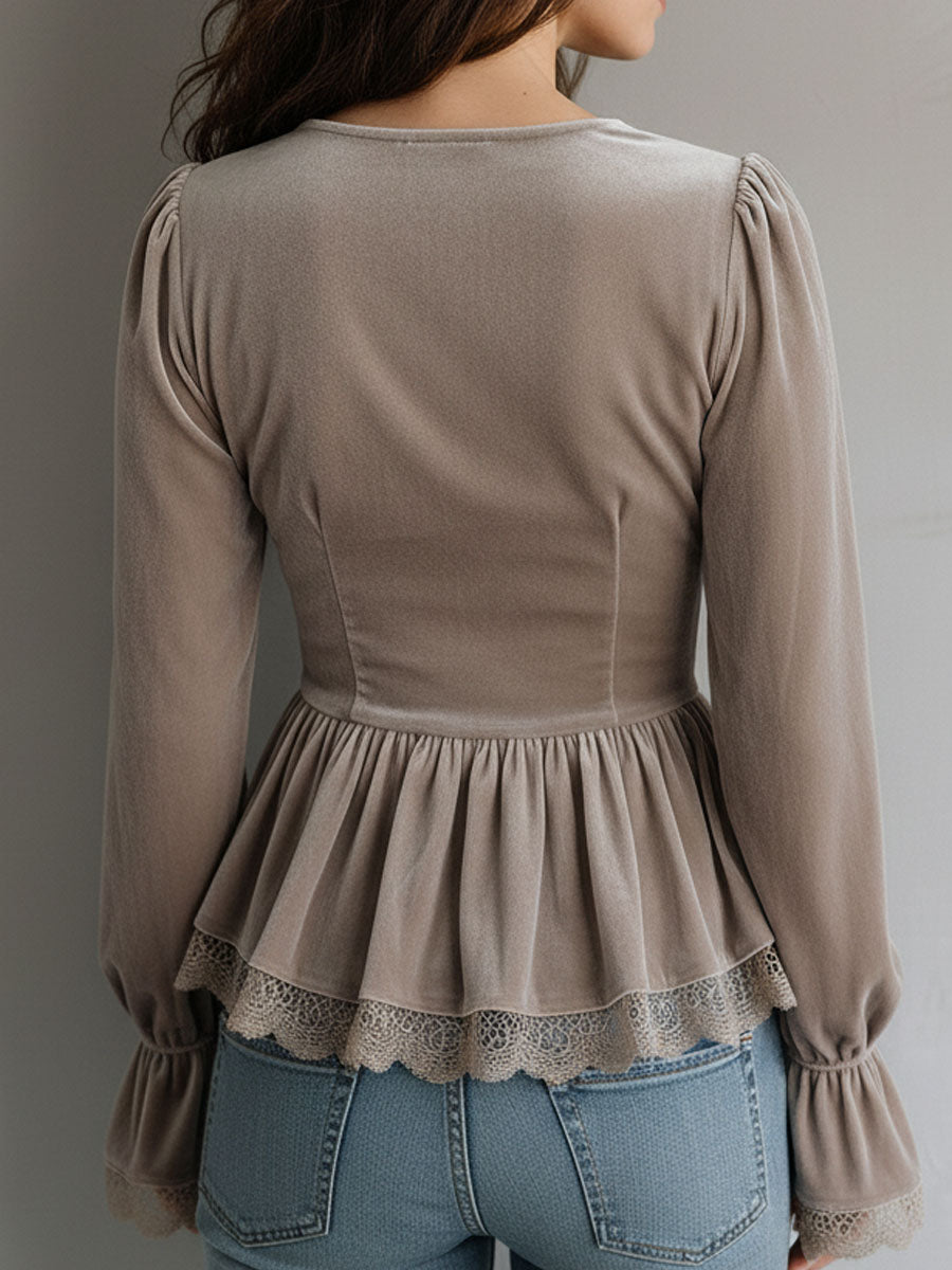 Romantic Taupe Velvet Lace-Trim Peplum Blouse With Pearl Button