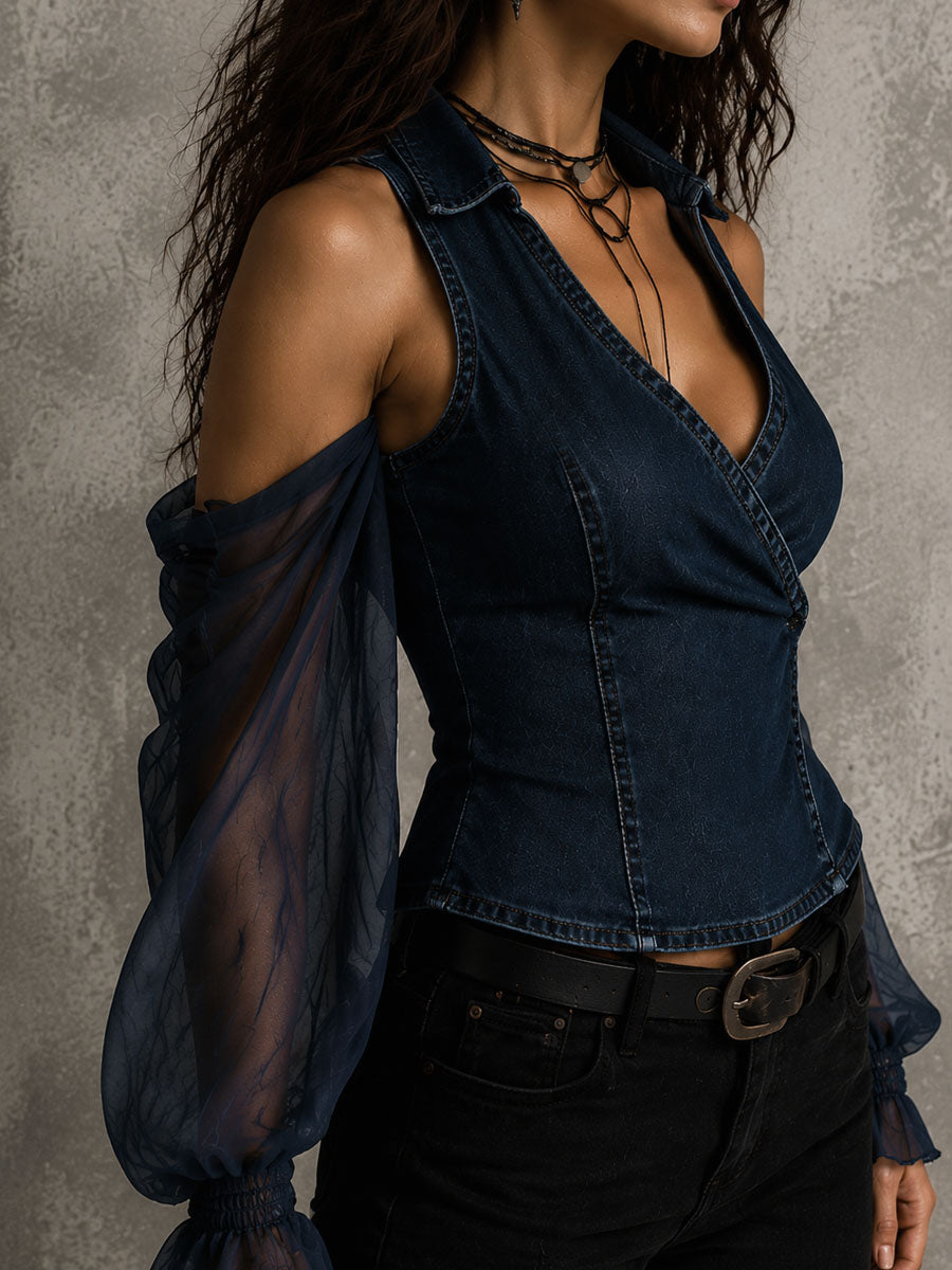 Western Denim Cold Shoulder Sheer Sleeve Wrap Blouse