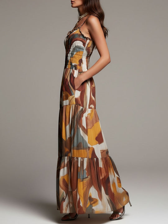 Boho Abstract Multicolor Smocked Bodice Maxi Dress
