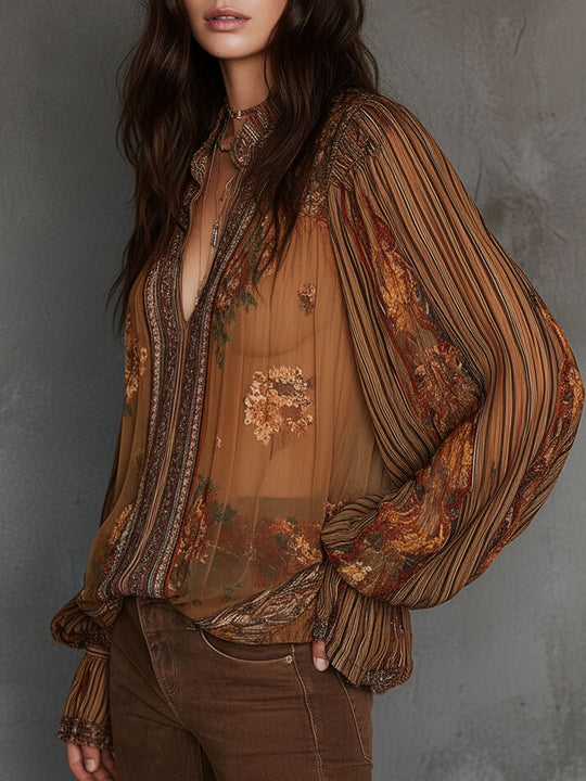 Vintage Boho Sheer Floral Blouse With Billowy Sleeves