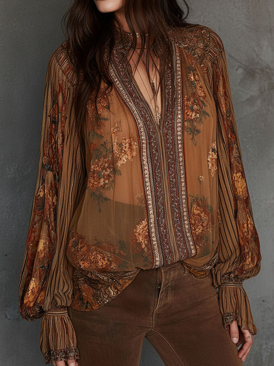 Vintage Boho Sheer Floral Blouse With Billowy Sleeves