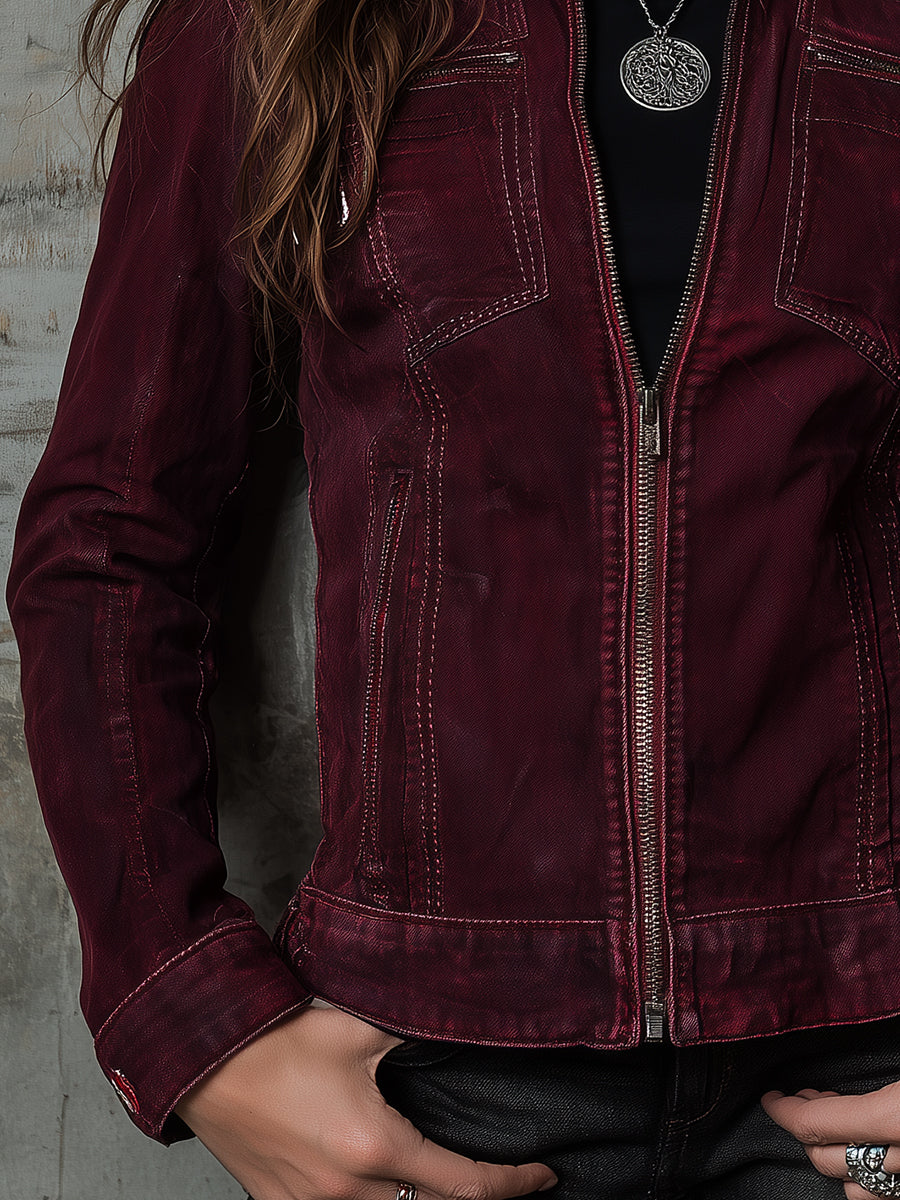 Vintage Washed Front Zip Straight Denim Jacket