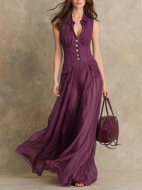 Retro Button Placket Chiffon Maxi Dress