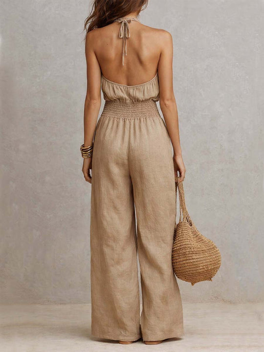Tan Cotton Linen Halter Neck Smocked Waist Wide Leg Jumpsuit