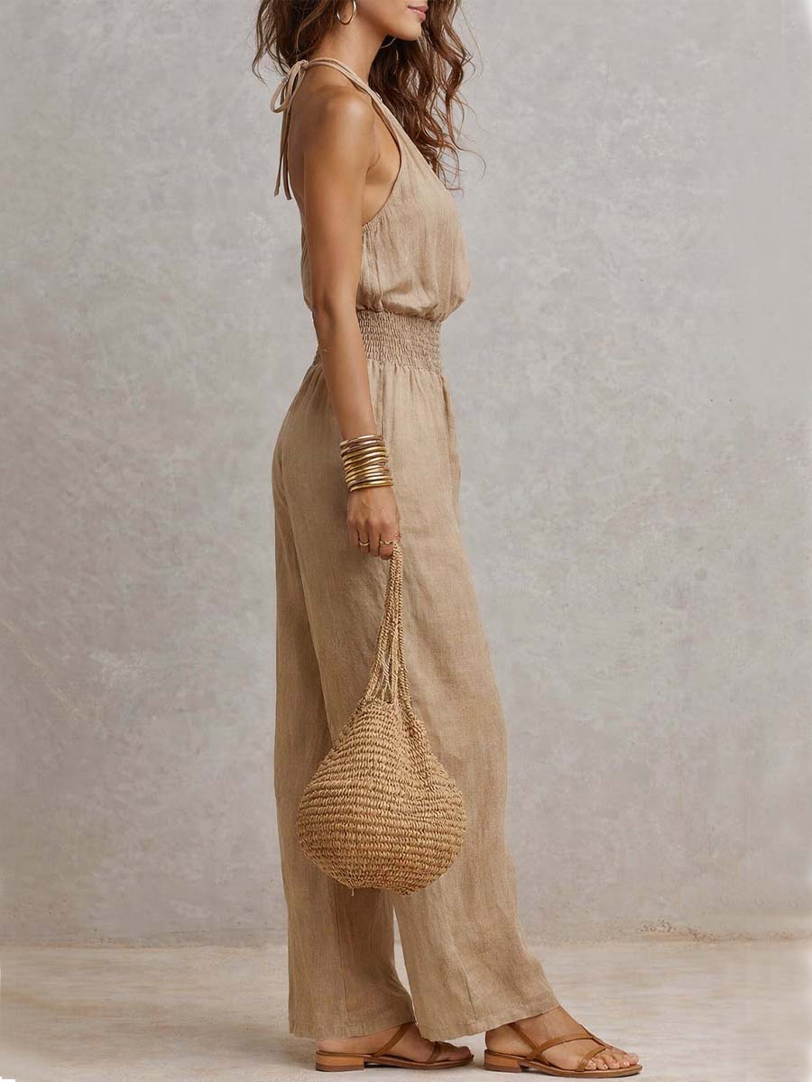 Tan Cotton Linen Halter Neck Smocked Waist Wide Leg Jumpsuit