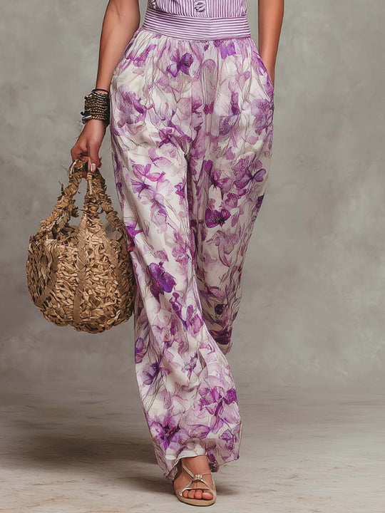 Lilac Floral Pinstripe Sleeveless Wide-Leg Jumpsuit