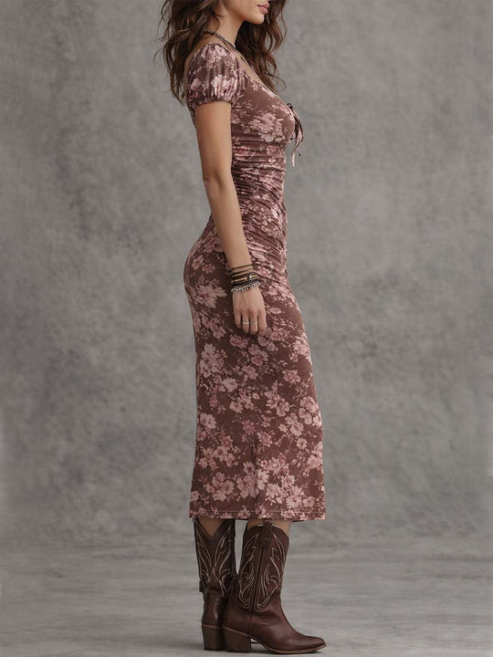 Boho Floral Sweetheart Neck Puff Sleeve Bodycon Midi Dress With Slit