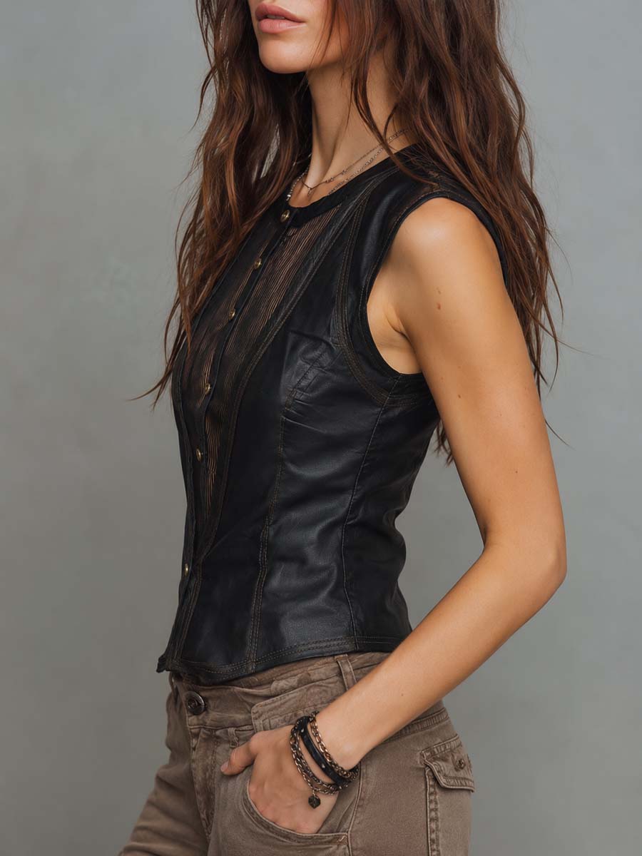 Gothic Faux Leather Vertical Striped Mesh Spliced Button Down Crew Neck Sleeveless Vest