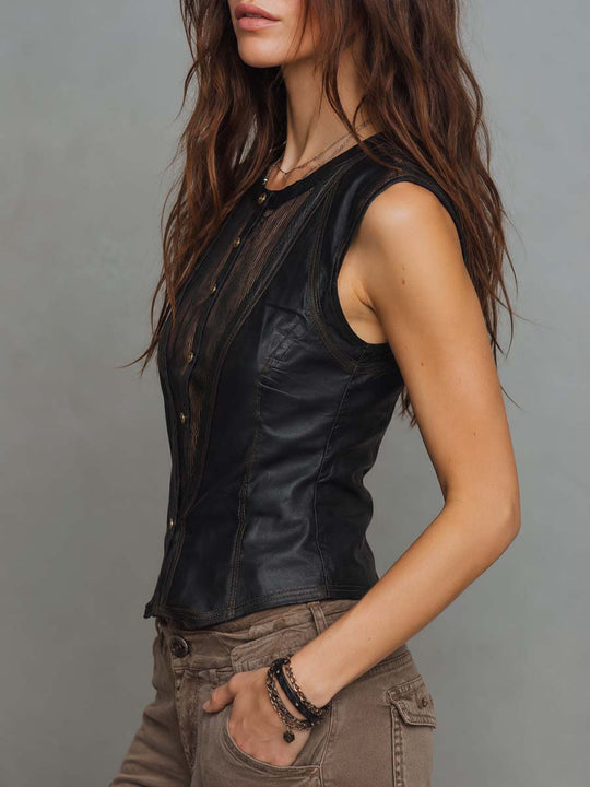 Gothic Faux Leather Vertical Striped Mesh Spliced Button Down Crew Neck Sleeveless Vest