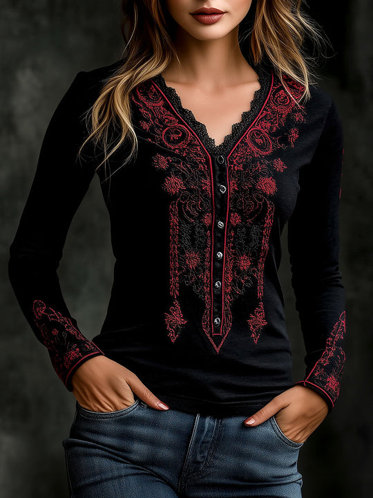 Ethnic Embroidery Lace Trim Henley T-shirt