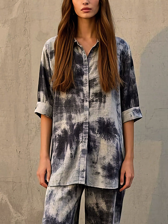 Casual Loose Tie-Dye Cotton Shirt and Pants Set