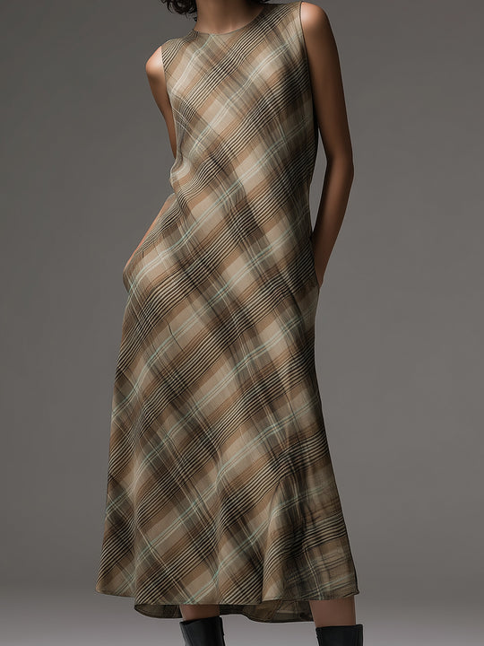 Vintage Plaid Print Sleeveless Midi Dress
