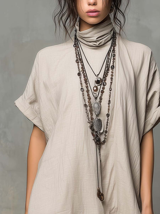 Vintage High-neck Lace-hem Cotton And Linen Mini Dress