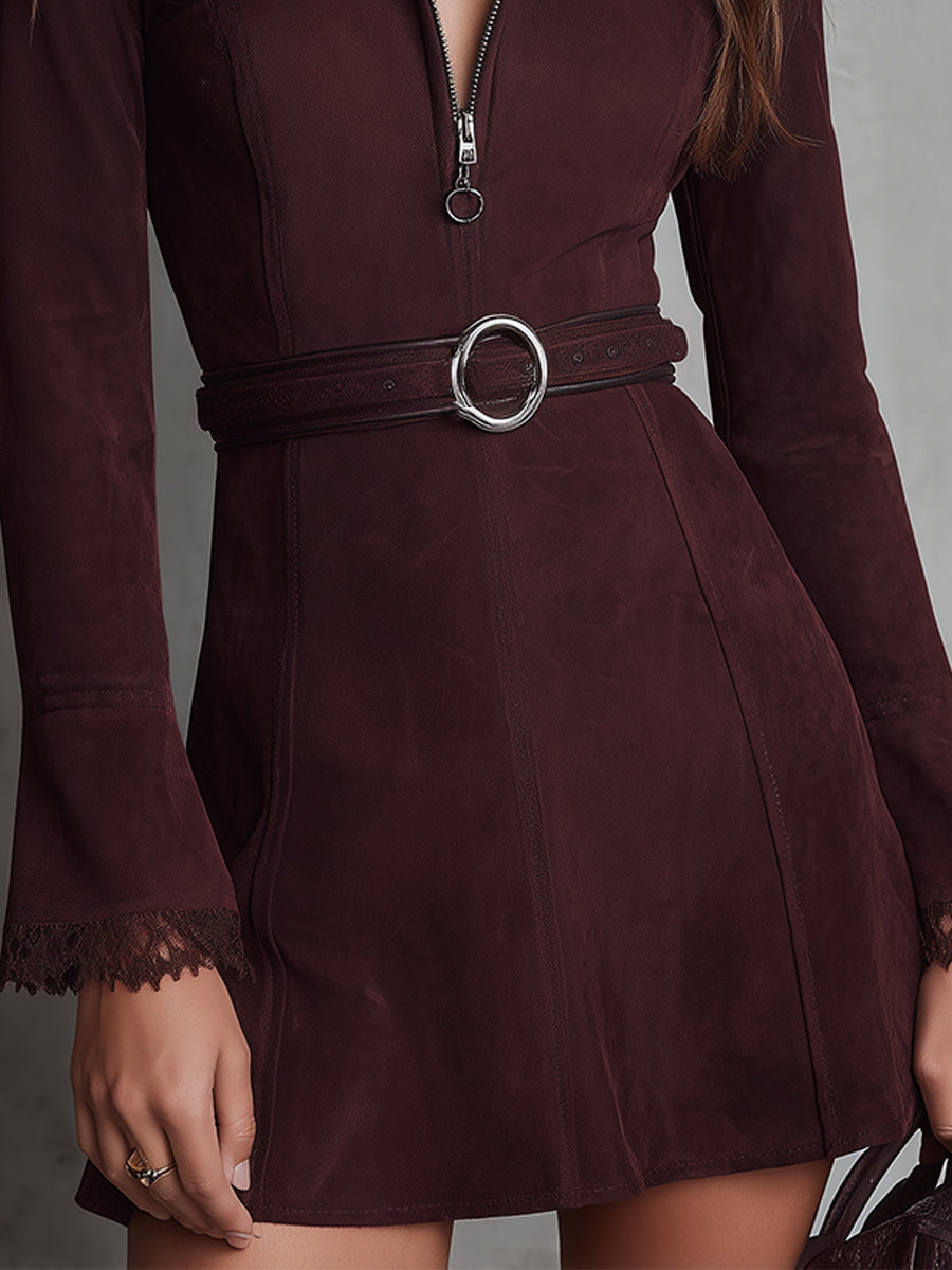Retro Front Zipper Lace Splicing Suede Mini Dress With Belt