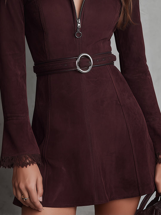 Retro Front Zipper Lace Splicing Suede Mini Dress With Belt