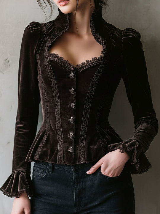 Retro Chocolate Velvet Corset Blouse With Lace Trim