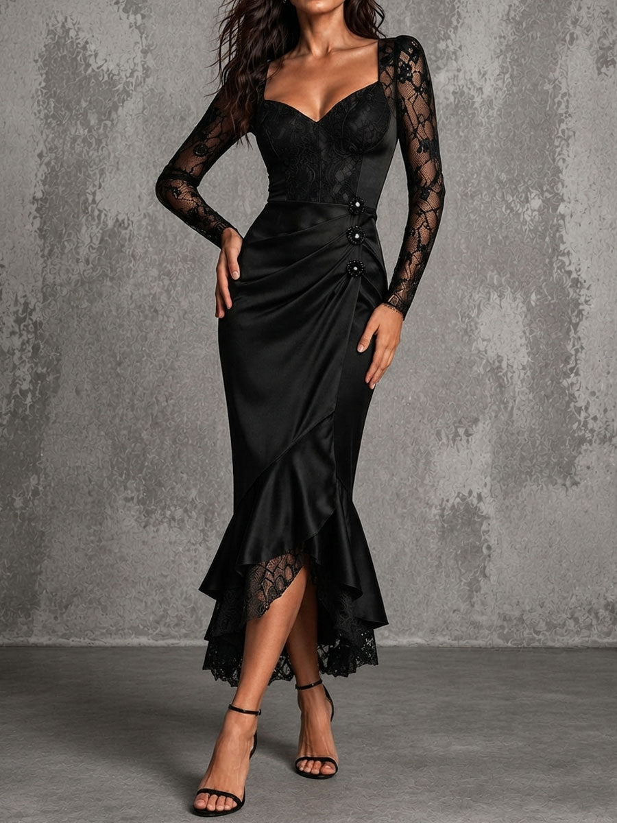 Elegant Black Lace Satin Sweetheart Ruched Mermaid Midi Dress