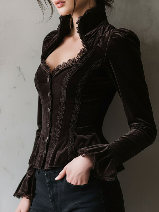 Retro Chocolate Velvet Corset Blouse With Lace Trim
