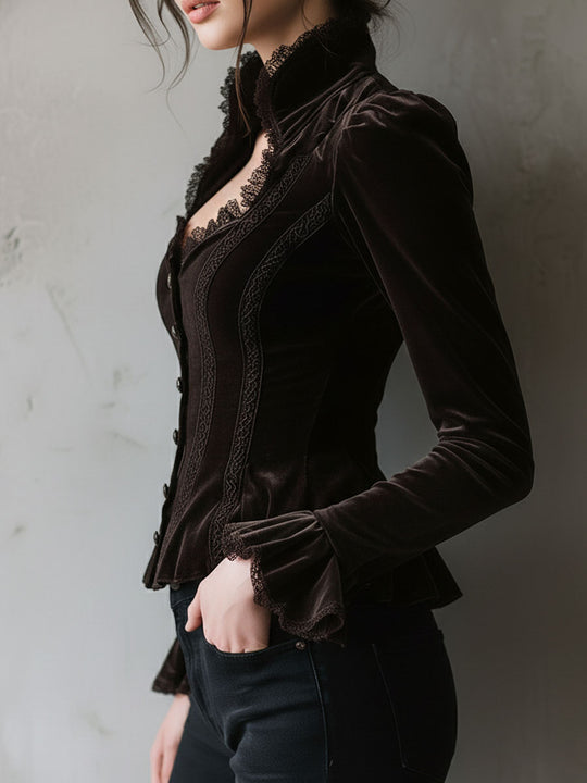 Retro Chocolate Velvet Corset Blouse With Lace Trim