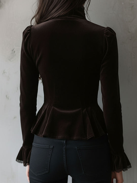 Retro Chocolate Velvet Corset Blouse With Lace Trim