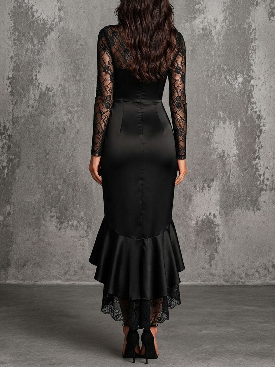 Elegant Black Lace Satin Sweetheart Ruched Mermaid Midi Dress