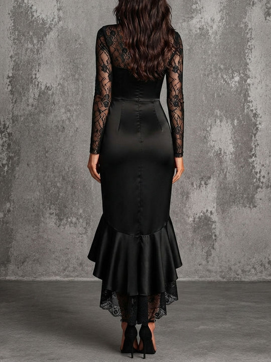 Elegant Black Lace Satin Sweetheart Ruched Mermaid Midi Dress