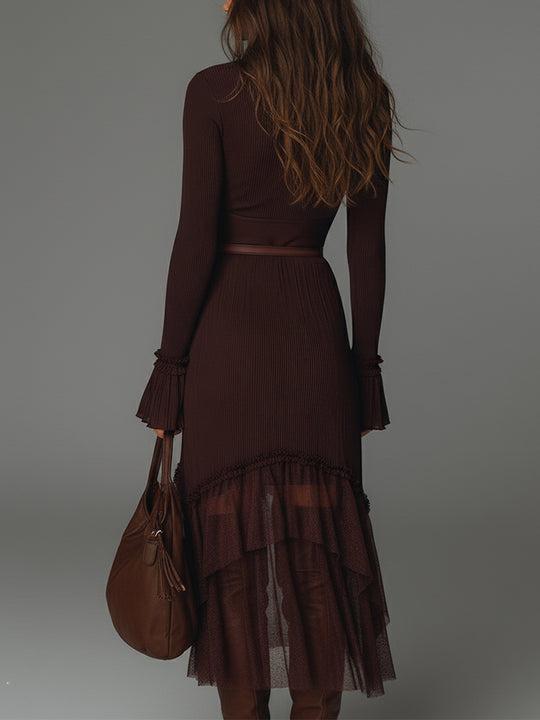 Bohemian Style Pleated Mesh Panel Midi Dress With Belt