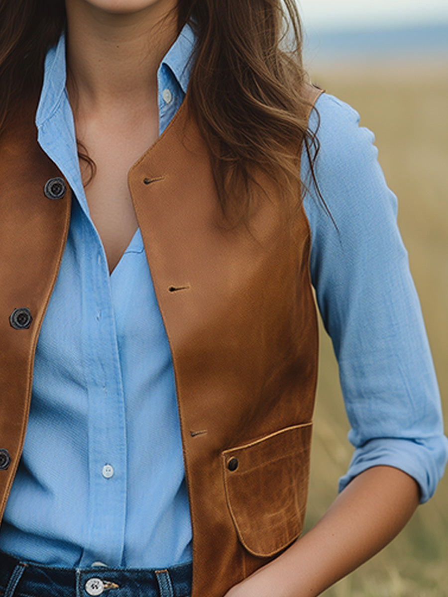 Vintage Casual Pocket Sheepskin Waistcoat