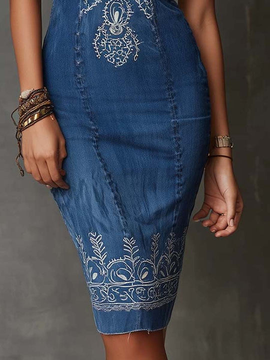 Bohemian Vintage Pure-Cotton Denim Embroidered Midi Dress