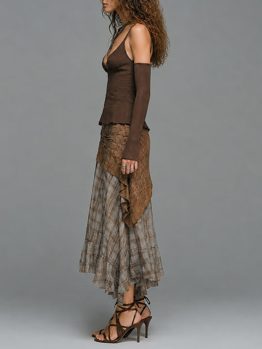 Vintage-style Top With Detachable Sleeves & Plaid-panel Skirt Set