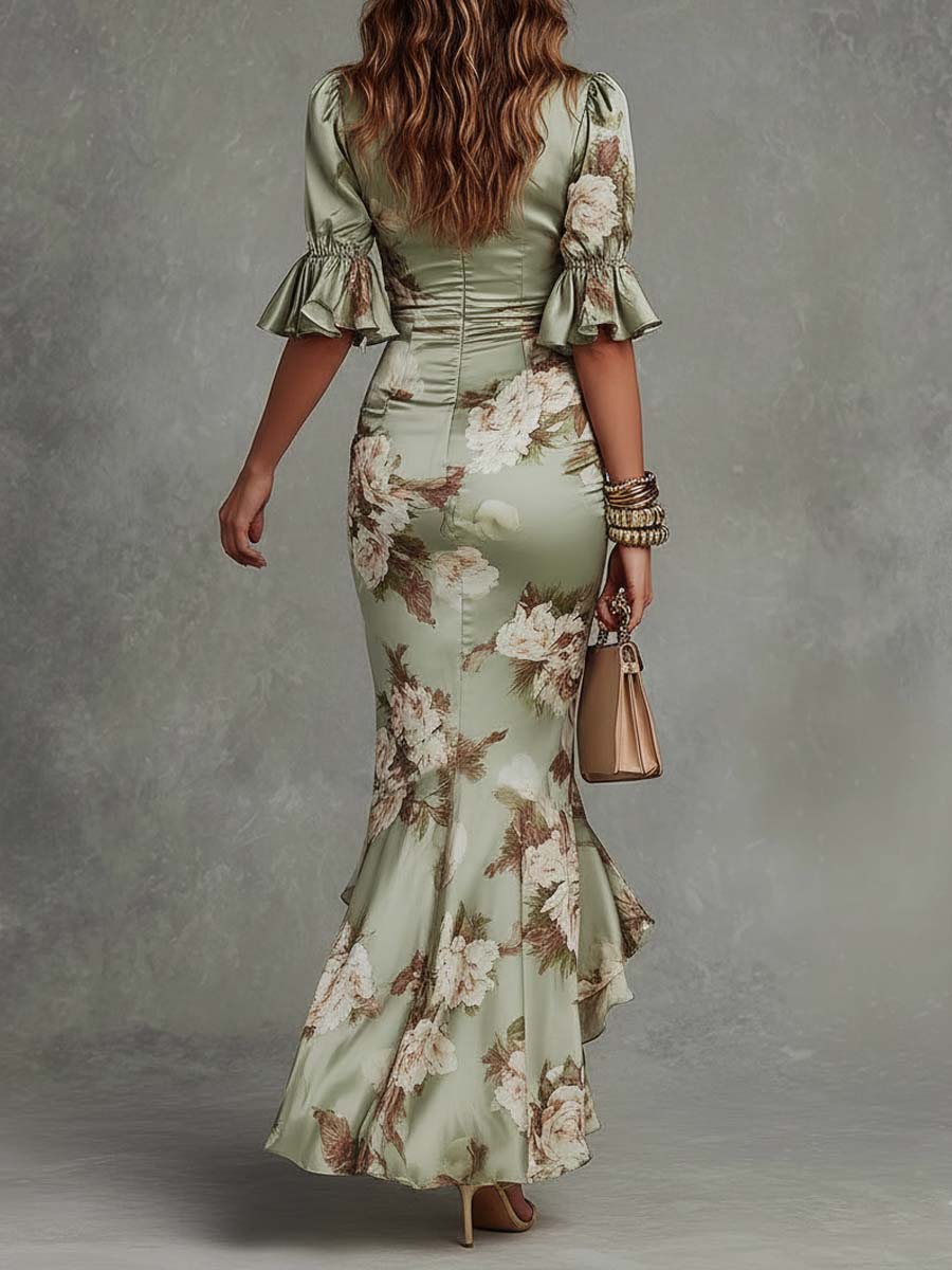 Retro Floral Ruched V-Neck Maxi Dress