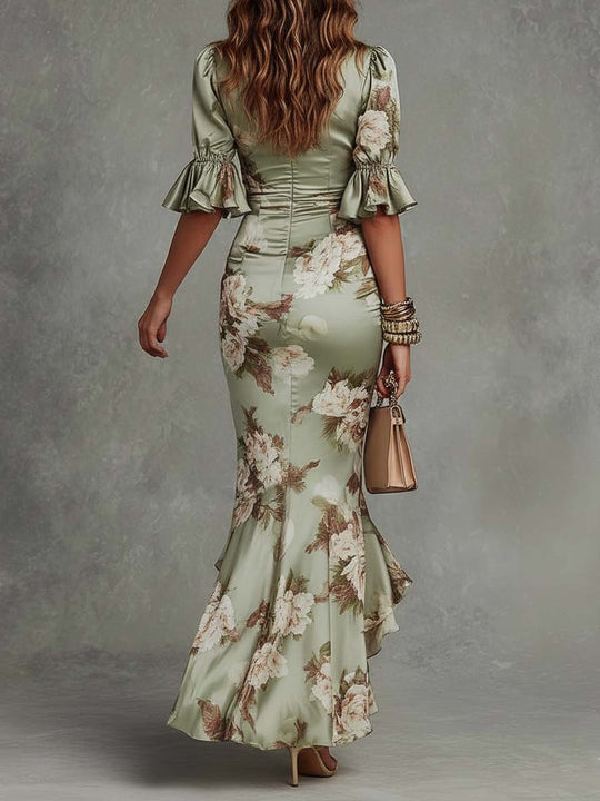 Retro Floral Ruched V-Neck Maxi Dress