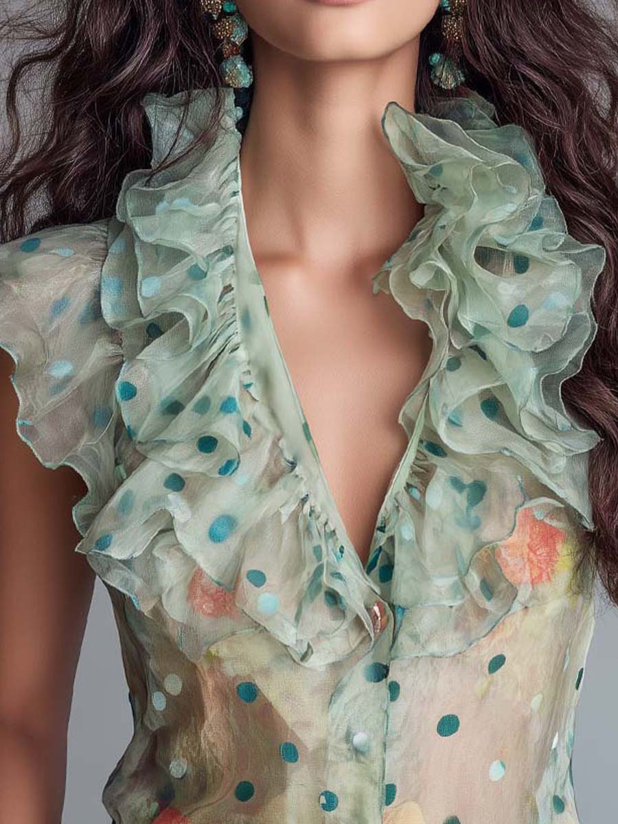 Vintage Boho Polka Dot Ruffled Sheer Blouse Top