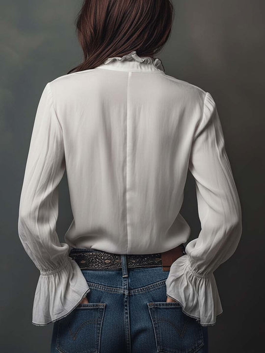 White Zip-Front Blouse With Flounce Cuffs