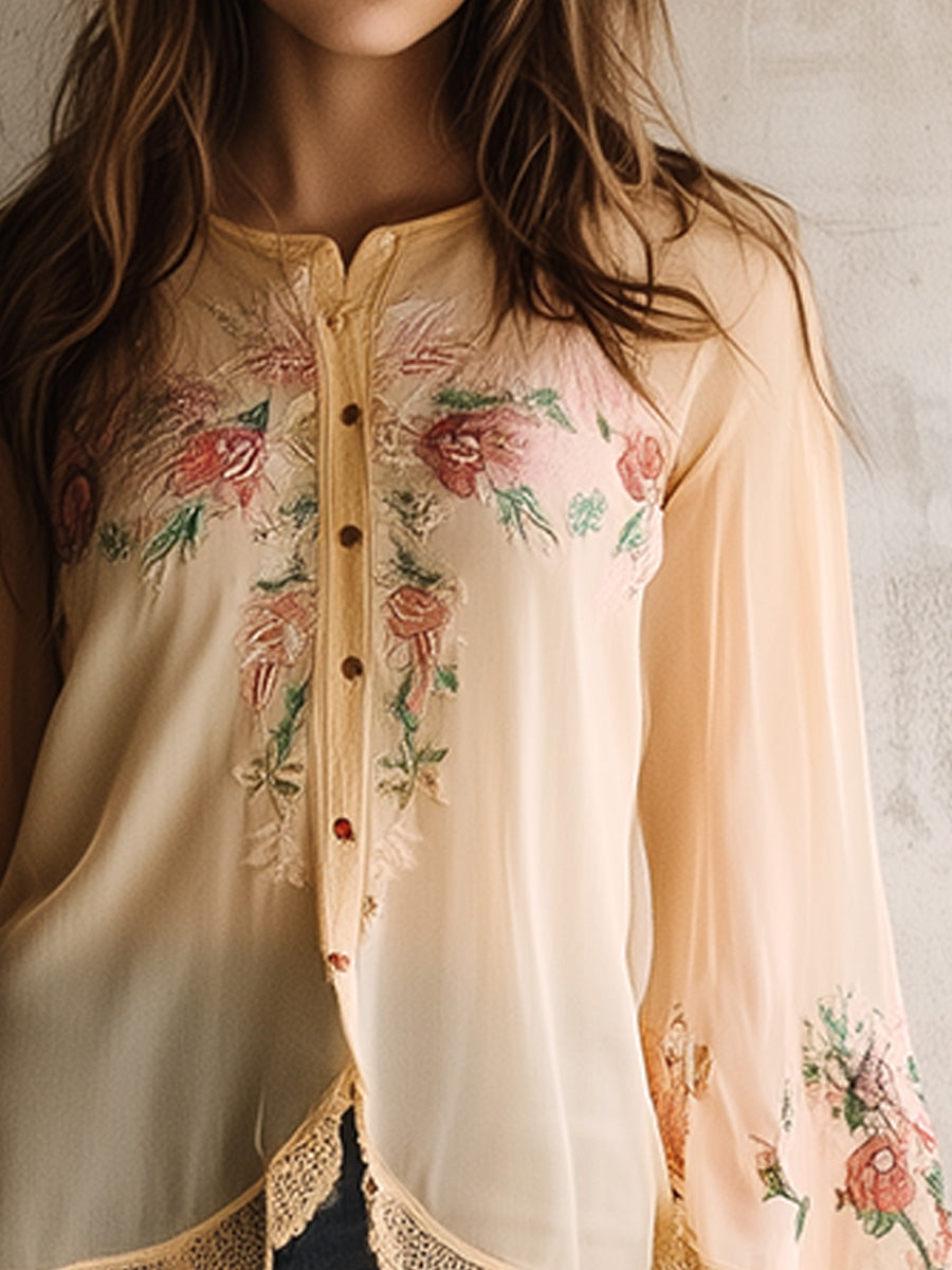 Casual Cotton and Linen Floral Embroidery Lace Hem Shirt