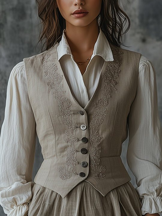 Vintage Embroidered Linen Slim Vest