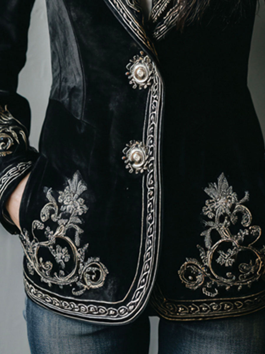 Vintage Black Velvet Metallic Baroque Embroidered Tailored Jacket