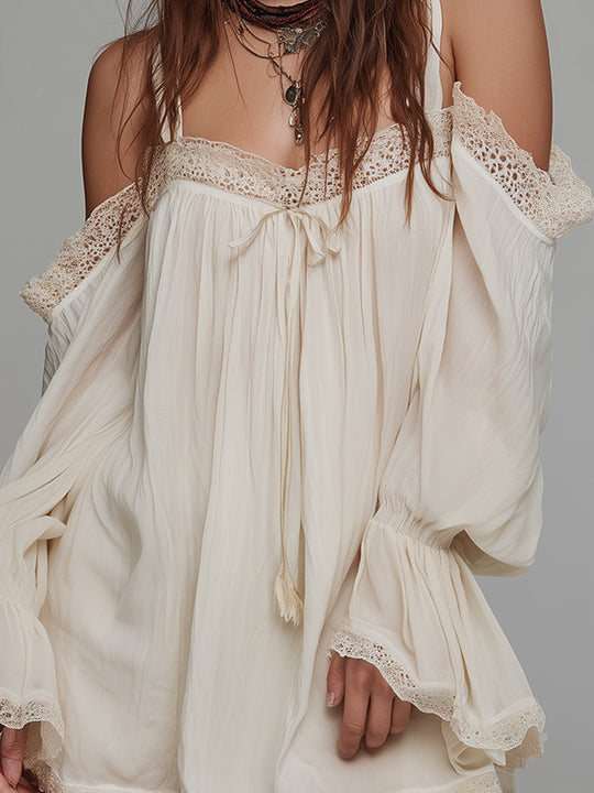 Bohemian Holiday Off-the-shoulder Lace Patchwork Chiffon Mini Dress