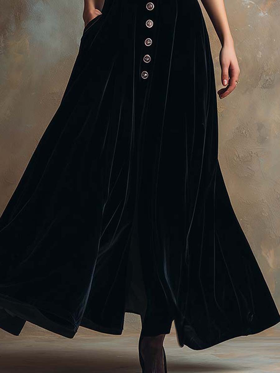 Black Velvet Button-Front Maxi Dress