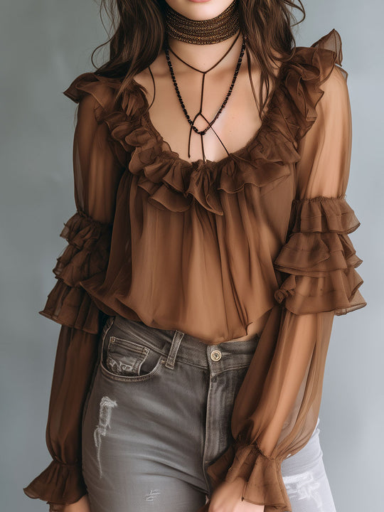Vintage Boho Mocha Ruffle Chiffon Blouse