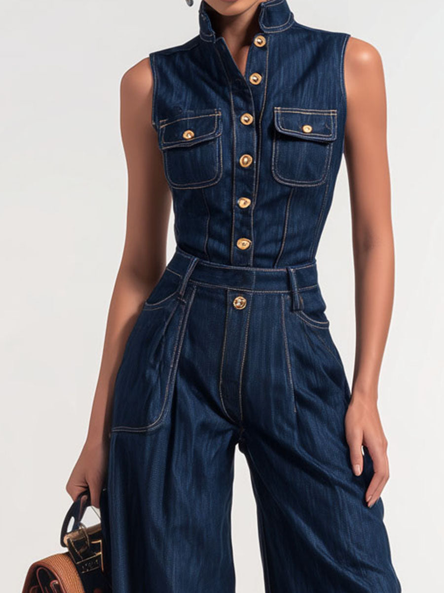 Retro Sleek Sleeveless Dark Denim Wide Leg Jumpsuit