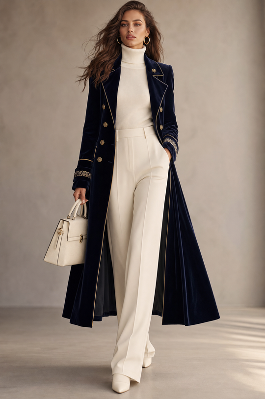Navy Velvet Cuff Embroidery Double-Breasted Long Coat With Gold Piping