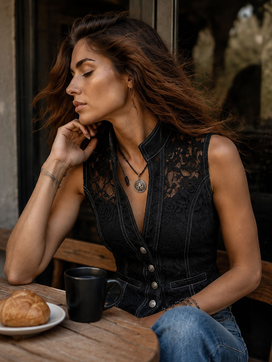 Vintage Lace Contrast Stitch Stand Collar Fitted Waistcoat