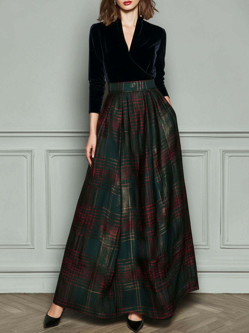 Elegant High Waist Velvet And Plaid Evening Gown With Full Skirt