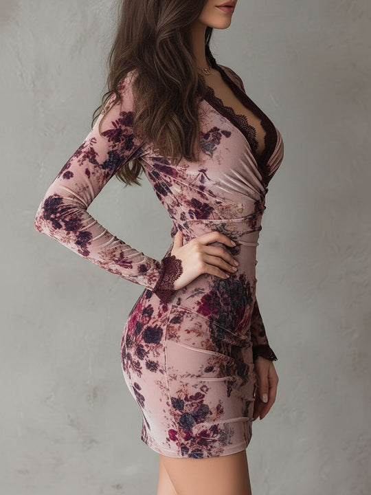 Elegant Floral Velvet Ruched Wrap Mini Dress With Lace Trim