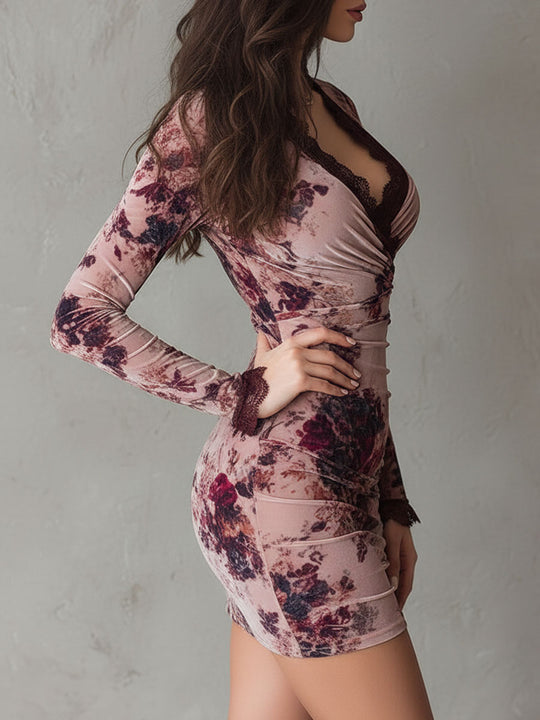Elegant Floral Velvet Ruched Wrap Mini Dress With Lace Trim