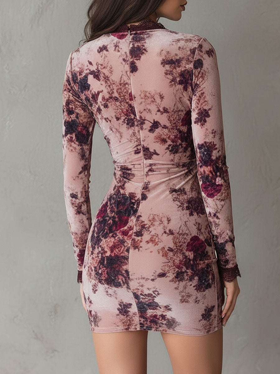 Elegant Floral Velvet Ruched Wrap Mini Dress With Lace Trim
