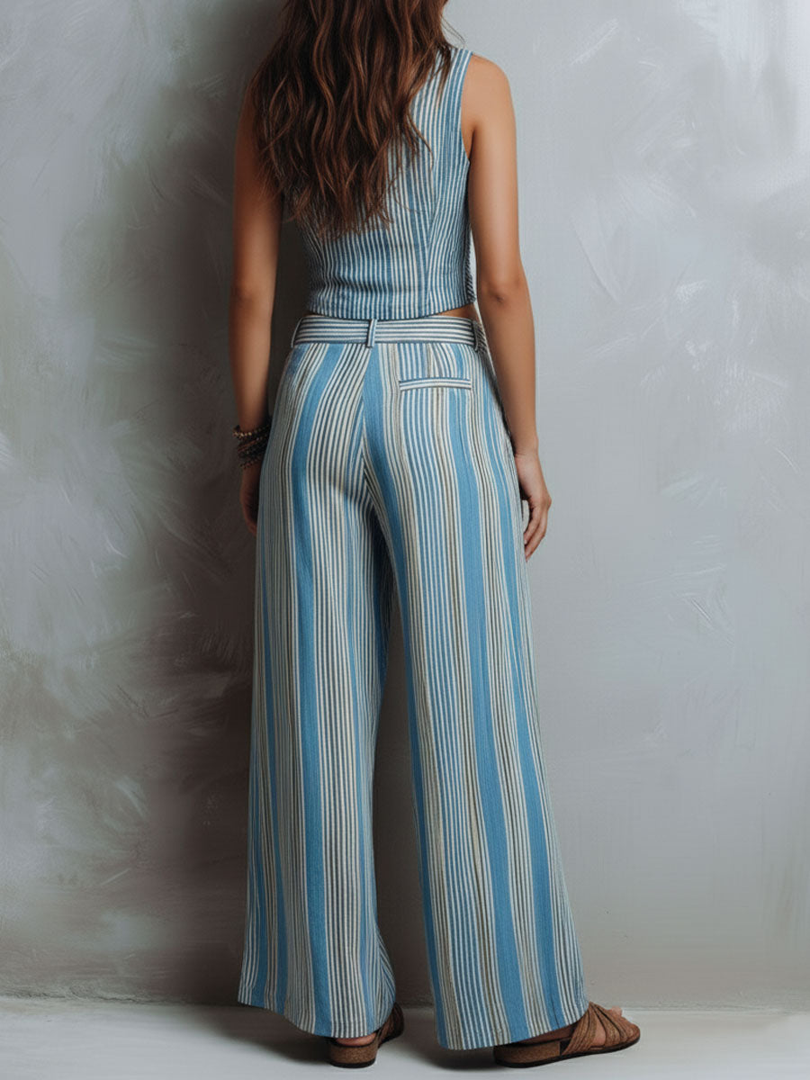 Boho Blue Striped Vest & Wide-Leg Pant Set